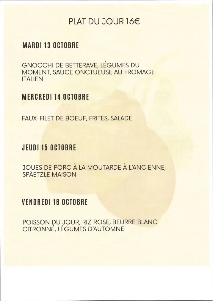 L'affiche des plats du jour de la semaine, publiée par le restaurant